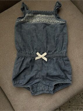 Carter's Dark Blue Denim Baby Romper with Cream Bow